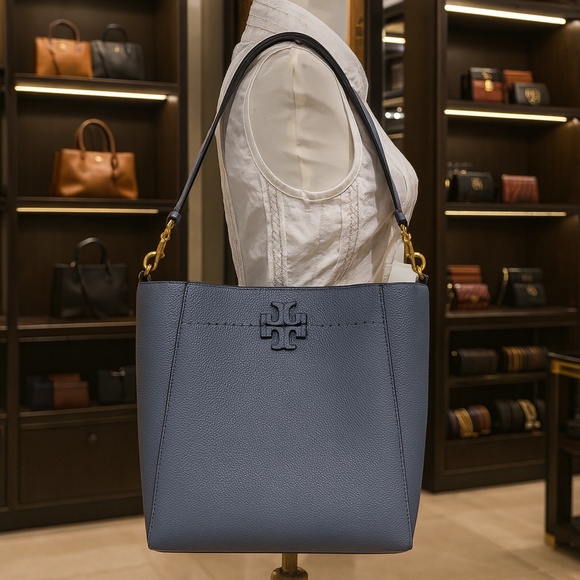 NEW Tory Burch McGraw Brunnera Blue Leather Convertible Bucket Shoulder Tote Bag - Picture 1 of 14